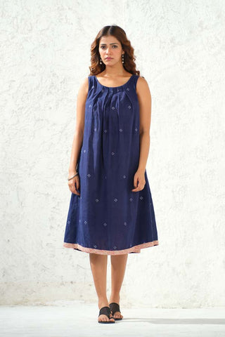 Jamdani - Navy Blue Self Weaved Long Dress