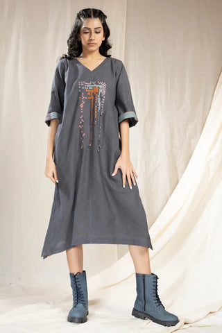 Mosaic Elegance-Khadi Asymmetric Embroidered Dress