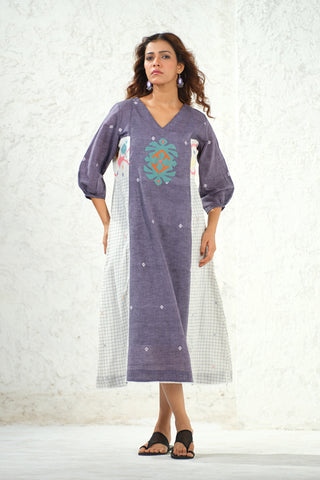 Jamdani - White Check Applique Detail Long Dress