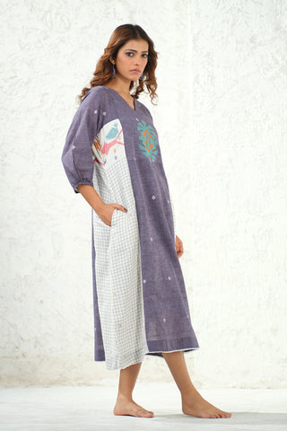 Jamdani - White Check Applique Detail Long Dress