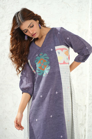 Jamdani - White Check Applique Detail Long Dress