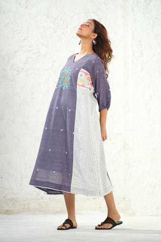 Jamdani - White Check Applique Detail Long Dress