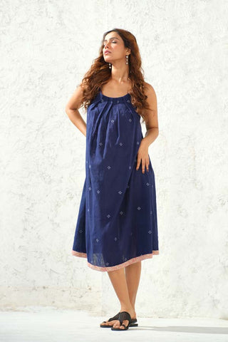 Jamdani - Navy Blue Self Weaved Long Dress