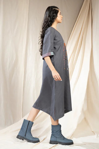 Mosaic Elegance-Khadi Asymmetric Embroidered Dress