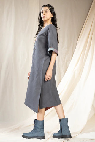 Mosaic Elegance-Khadi Asymmetric Embroidered Dress