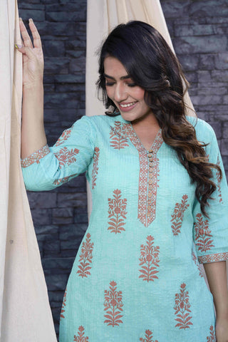 Thread Game - Timeless Kurtas- Sea Green Hand Blocked Natural Cotton