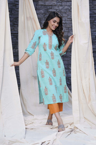 Thread Game - Timeless Kurtas- Sea Green Hand Blocked Natural Cotton