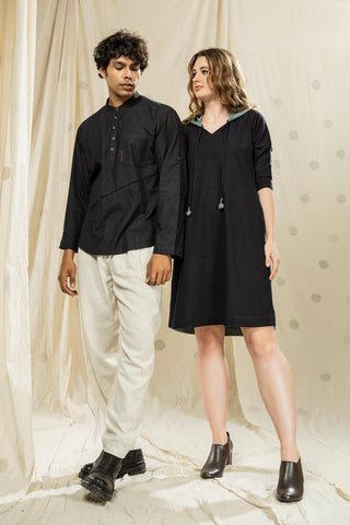 Matching Duos - Hand-Woven Hand-Spun Organic Hoodie Dress And Mandarin Kurta Duo Outfits For His And Her