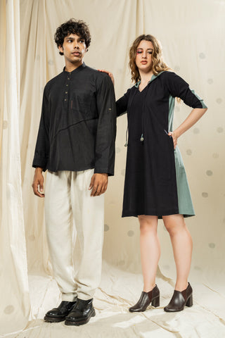 Matching Duos - Hand-Woven Hand-Spun Organic Hoodie Dress And Mandarin Kurta Duo Outfits For His And Her