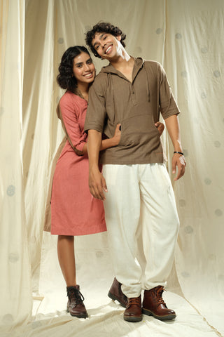 Matching Duos - Hand-Woven Hand-Spun Organic Hoodie Dress And Hoodie Kurta Duo Outfits For His And Her