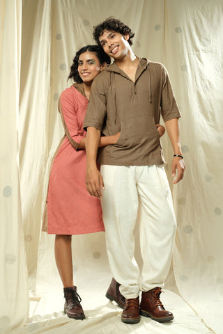 Matching Duos - Hand-Woven Hand-Spun Organic Hoodie Dress And Hoodie Kurta Duo Outfits For His And Her