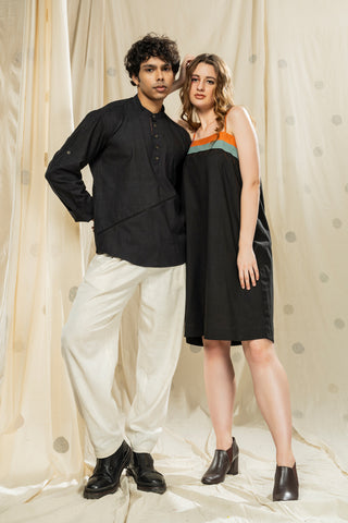 Matching Duos - Hand-Woven Hand-Spun Organic Spaghetti Dress And Mandarin Kurta Duo Outfits For His And Her