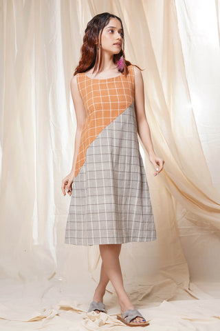 Timeless Checks - Orange and Gray Checkered Khadi Short Dress