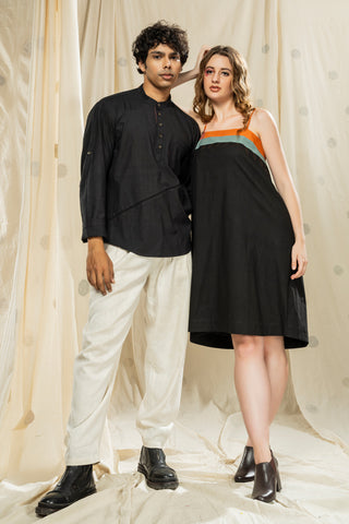 Matching Duos - Hand-Woven Hand-Spun Organic Spaghetti Dress And Mandarin Kurta Duo Outfits For His And Her