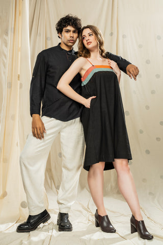 Matching Duos - Hand-Woven Hand-Spun Organic Spaghetti Dress And Mandarin Kurta Duo Outfits For His And Her