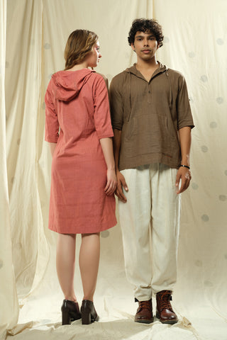 Matching Duos - Hand-Woven Hand-Spun Organic Hoodie Dress And Hoodie Kurta Duo Outfits For His And Her