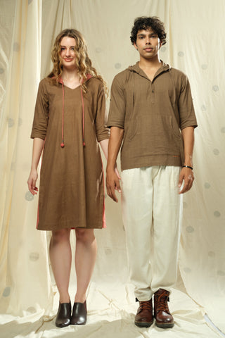 Matching Duos - Hand-Woven Hand-Spun Organic Hoodie Dress And Hoodie Kurta Duo Outfits For His And Her