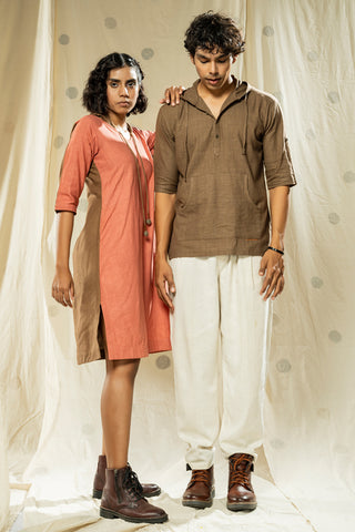 Matching Duos - Hand-Woven Hand-Spun Organic Hoodie Dress And Hoodie Kurta Duo Outfits For His And Her