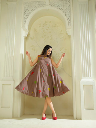 Anvyaa-Bamboo Fabric Terracotta Mosaic Flare Dress