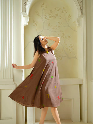 Anvyaa-Bamboo Fabric Terracotta Mosaic Flare Dress