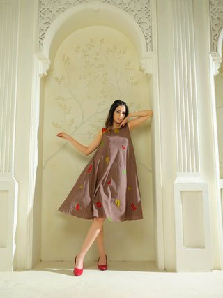Anvyaa-Bamboo Fabric Terracotta Mosaic Flare Dress