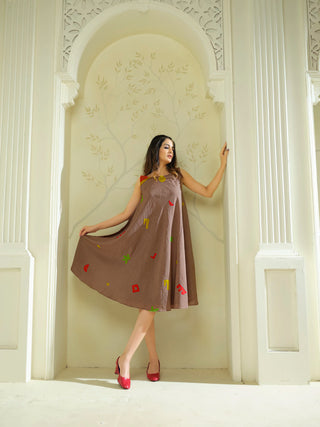 Anvyaa-Bamboo Fabric Terracotta Mosaic Flare Dress