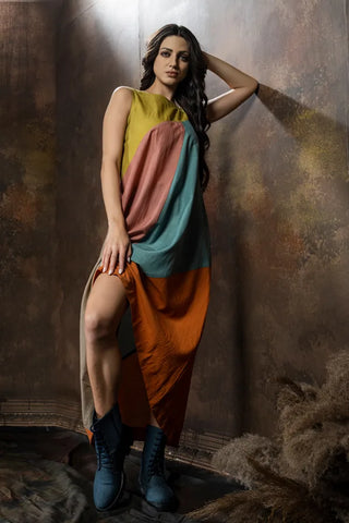 Anvyaa-Earthy Palette Bamboo Fabric Up-Down Hem Dress