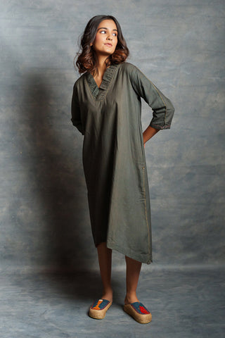 Gray Asymmetrical Handwoven V Neck Khadi Dress with Applique Detailing