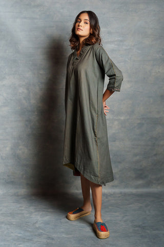 Gray Asymmetrical Handwoven V Neck Khadi Dress with Applique Detailing