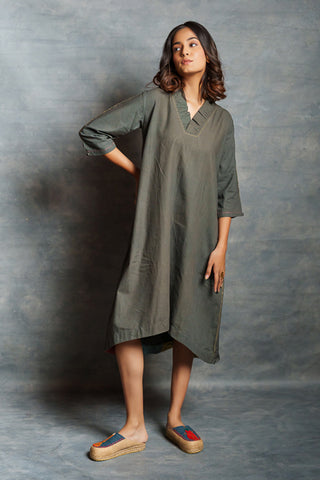 Gray asymmetrical handwoven khadi dress with applique detailing - mid length