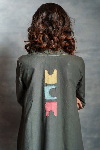 Gray asymmetrical handwoven khadi dress with applique detailing - mid length