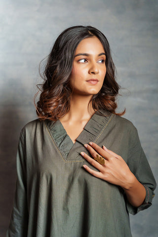 Gray Asymmetrical Handwoven V Neck Khadi Dress with Applique Detailing