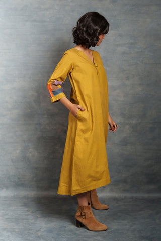 Conscious Luxury: Khadi V Neck Yellow Dress with Hand Applique