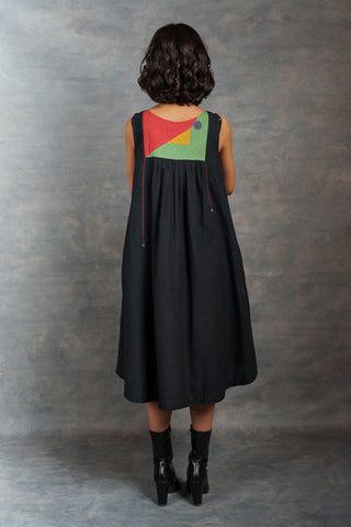 Handwoven khadi applique dress with artisan detailing - sleeveless