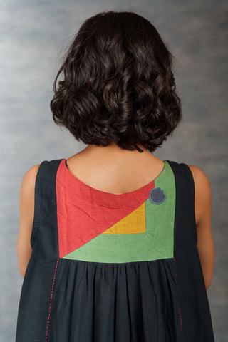 Handwoven khadi applique dress with artisan detailing - sleeveless