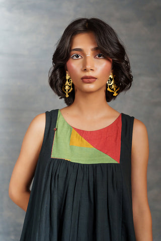 Handwoven khadi applique dress with artisan detailing - sleeveless