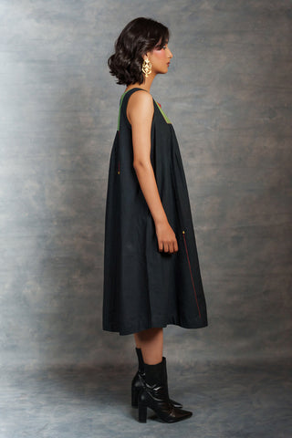 Handwoven khadi applique dress with artisan detailing - sleeveless