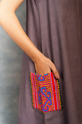 Handwoven khadi a-line dress with artisanal hand embroidered pocket - sleeveless