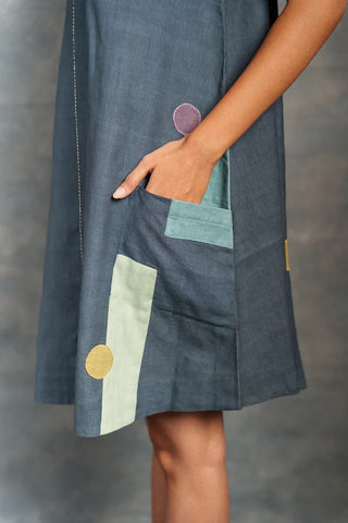 Thread Game A-Line Sleeveless Grey Color Khadi Casual Dress – Minimal, Hand Embroidered and Sustainable