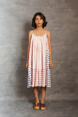 Pastel checks- Relax spaghetti strap mirror work dress