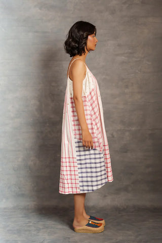 Pastel checks- Relax spaghetti strap mirror work dress