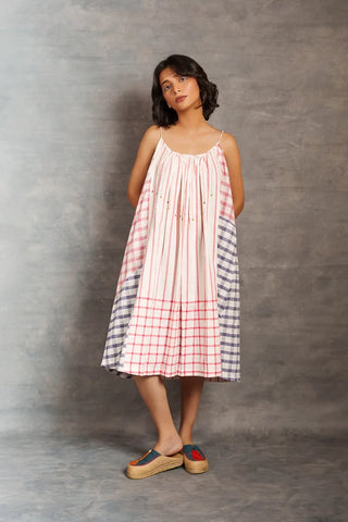 Pastel checks- Relax spaghetti strap mirror work dress