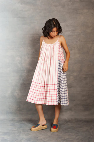 Pastel checks- Relax spaghetti strap mirror work dress