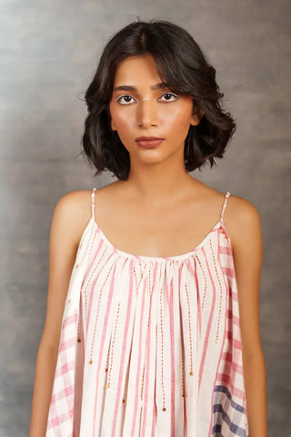 Pastel checks- Relax spaghetti strap mirror work dress