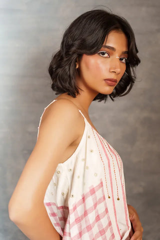 Pastel checks- Relax spaghetti strap mirror work dress