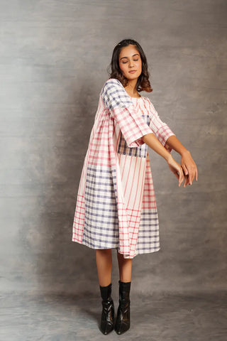 Pastel checks- Relax 3/4th sleeves mirror work dress