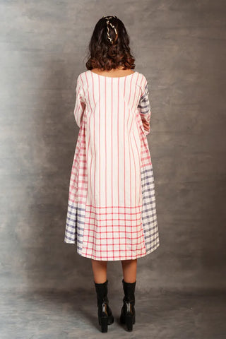 Pastel checks- Relax 3/4th sleeves mirror work dress