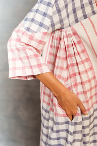 Pastel checks- Relax 3/4th sleeves mirror work dress