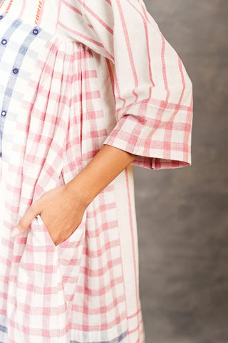 Pastel checks- Relax 3/4th sleeves mirror work dress