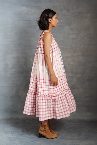 Pastel checks- Relax Frill neck sleeveless mirror work dress